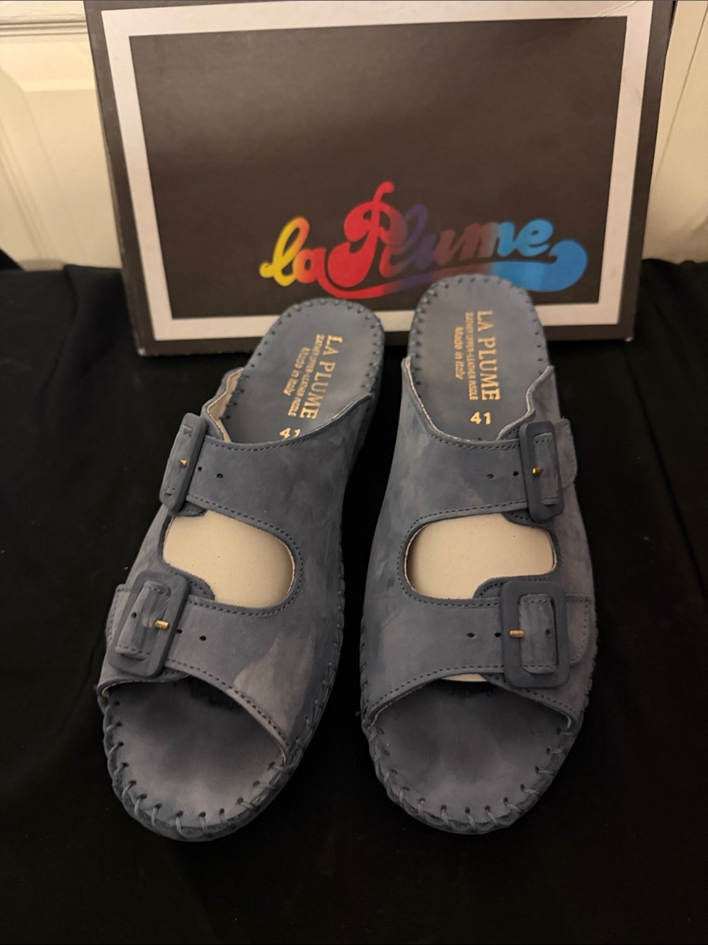 La Plume Blue Suede Double-Buckle Mules